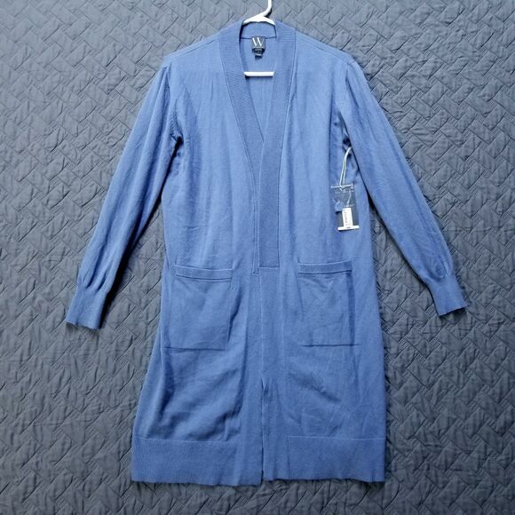 Worthington Women's Open Long Cardigan Sweater Size S Pockets Blue Striped New - Picture 1 of 11